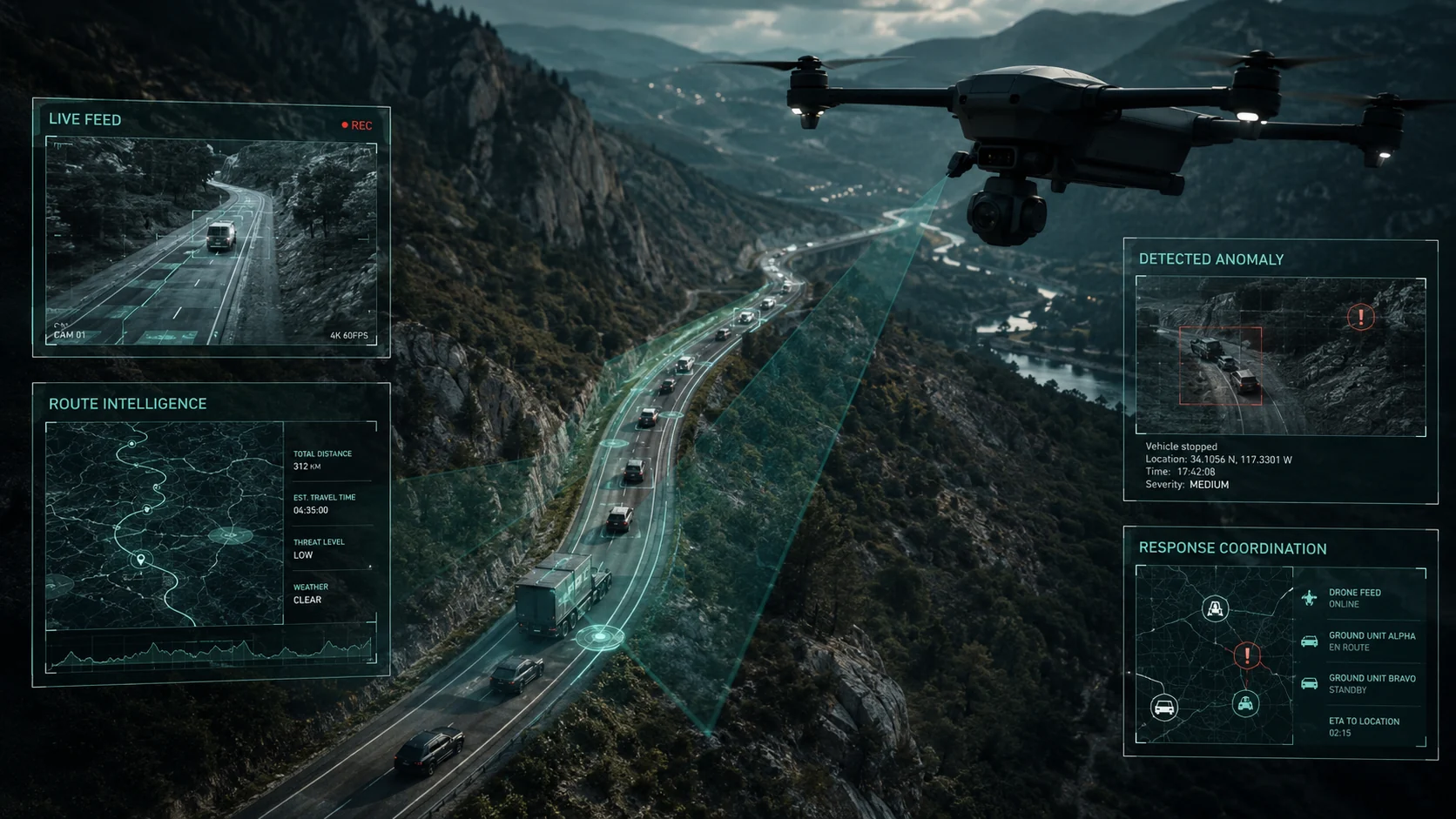 A surveillance drone monitoring a protected convoy along a mountainous route with visual verification overlays